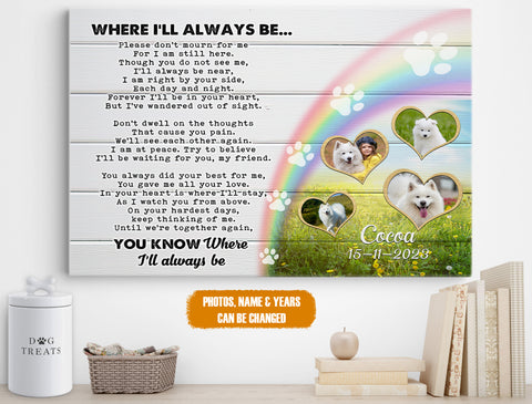 Image of Personalized Pet Memorial Photo Canvas, Where I'll Always Be Canvas, Pet Sympathy Gifts, Dog Loss Gifts, Memorial Gifts