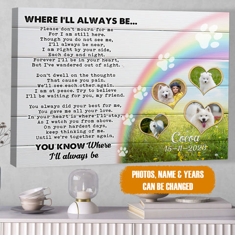 Image of Personalized Pet Memorial Photo Canvas, Where I'll Always Be Canvas, Pet Sympathy Gifts, Dog Loss Gifts, Memorial Gifts