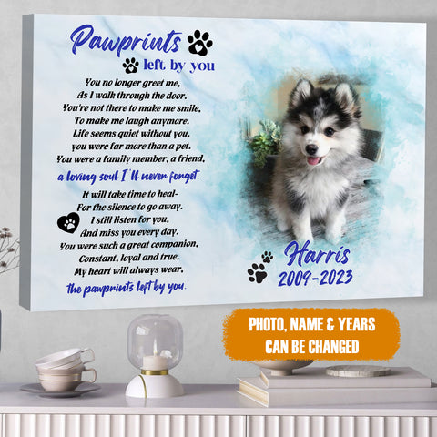 Image of Personalized Pet Memorial Photo Canvas, Pawprints Left By You Dog Cat Wall Art, Custom Pet Sympathy Gifts, Dog Loss Gift, Remembrance Gift
