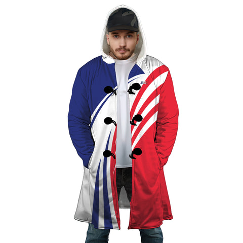 Image of Personalized Hooded Cloak Coat, Blue White Red French Flag Color Block Hooded Cloak Coats