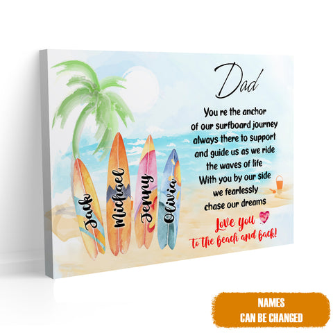 Image of Personalized Dad Surfboard Canvas, Beach Surfing Canvas, Custom Kids Names Canvas, Father's Day Gift