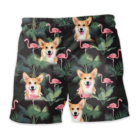 Image of Personalize Pet Hawaiian Shirt Set, Custom Dog Face Pink Flamingos & Palms Hawaiian Shirts and Short Set, Gift For Pet Lover