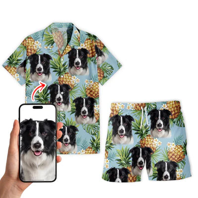 Image of Personalize Pet Hawaiian Shirt Set, Custom Dog Face Pineapple Tropical Hawaiian Shirts and Short Set, Gift For Pet Lover