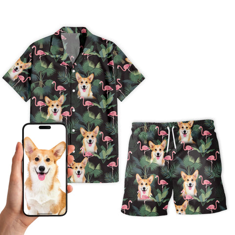 Image of Personalize Pet Hawaiian Shirt Set, Custom Dog Face Pink Flamingos & Palms Hawaiian Shirts and Short Set, Gift For Pet Lover
