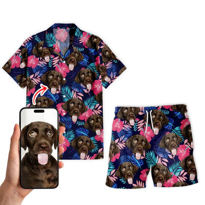 Image of Personalize Pet Hawaiian Shirt Set, Tropical Leaves Hibiscus Floral Custom Dog Face Hawaiian Shirts and Short Set, Gift For Pet Lover