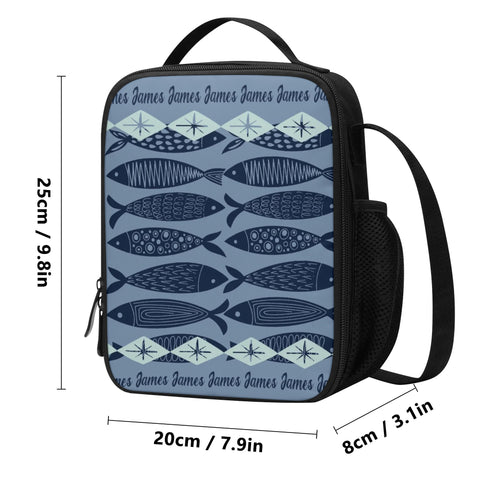 Image of Personalized Kids Backpack and Lunch Box Set, Custom Name Abstract Fish Ocean Animals Backpack With Vertical Lunch Box Matching Combo