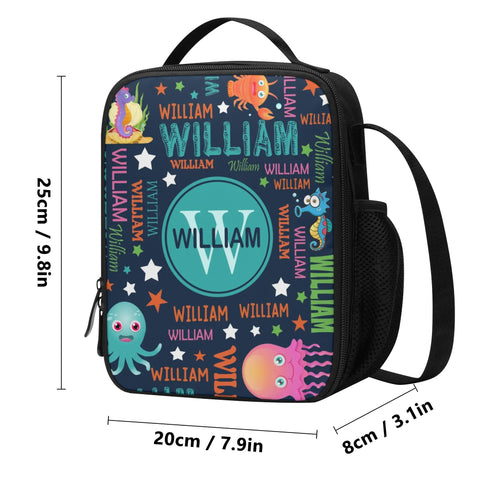 Image of Personalized Kids Backpack and Lunch Box Set, Custom Name Colorful Lettering Sea Animal Backpack With Vertical Lunch Box Matching Set