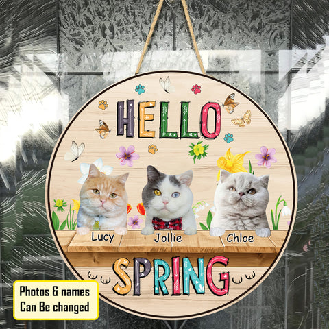 Image of Personalized Pet Photo Door Hanger, "Hello Spring" Dog Cat Round Wooden Sign