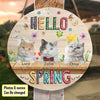 Personalized Pet Photo Door Hanger, "Hello Spring" Dog Cat Round Wooden Sign