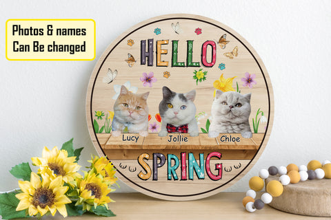 Image of Personalized Pet Photo Door Hanger, "Hello Spring" Dog Cat Round Wooden Sign