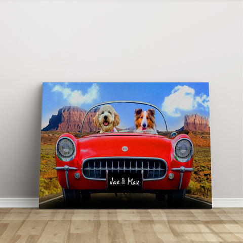 Image of Personalized Red Car Dog Canvas, Custom Pet Photo Canvas, Dog Lovers Wall Art Home Decor, Pet Owner Gifts