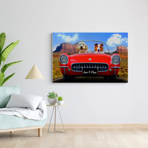Image of Personalized Red Car Dog Canvas, Custom Pet Photo Canvas, Dog Lovers Wall Art Home Decor, Pet Owner Gifts