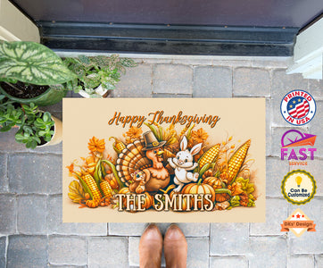 Personalized Name Thanksgiving Doormat, Turkey Bunny Happy Thanksgiving Farm Doormat, Floormat, Kitchenmat