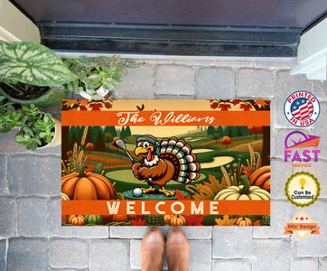 Personalized Name Thanksgiving Doormat, Turkey Pumpkin Farm Golf Lovers, Floormat, Kitchenmat