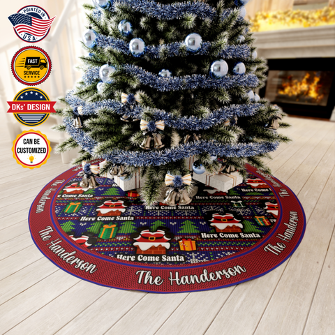 Image of Personalized Name Christmas Tree Skirt, Here Come Santa Tree Skirt, Christmas Tree Skirt 44″× 44″, Christmas Gift