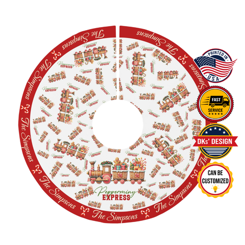 Image of Personalized Name Christmas Tree Skirt, Peppermint Express Tree Skirt, Tree Skirt 44″× 44″, Christmas Gift