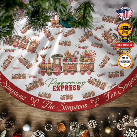 Image of Personalized Name Christmas Tree Skirt, Peppermint Express Tree Skirt, Tree Skirt 44″× 44″, Christmas Gift