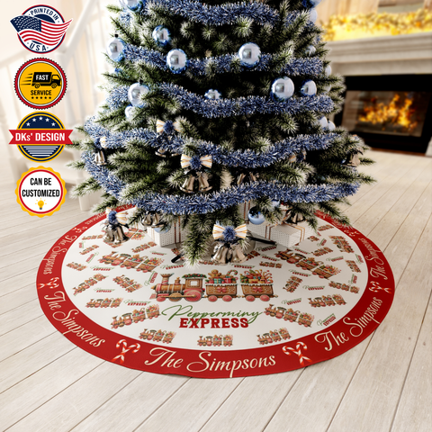 Image of Personalized Name Christmas Tree Skirt, Peppermint Express Tree Skirt, Tree Skirt 44″× 44″, Christmas Gift