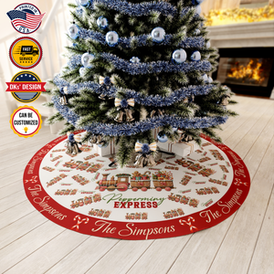 Personalized Name Christmas Tree Skirt, Peppermint Express Tree Skirt, Tree Skirt 44″× 44″, Christmas Gift