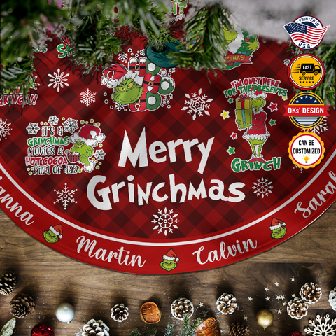 Image of Personalized Name Christmas Tree Skirt, Merry Grinchmas Grinch Tree Skirt, 44″× 44″ Tree Skirt, Christmas Tree Decorations, Christmas Gifts