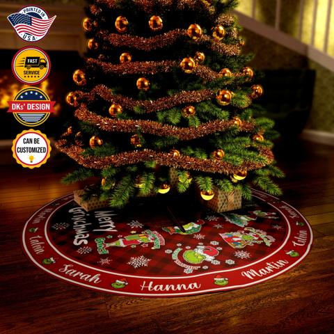 Image of Personalized Name Christmas Tree Skirt, Merry Grinchmas Grinch Tree Skirt, 44″× 44″ Tree Skirt, Christmas Tree Decorations, Christmas Gifts