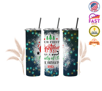 Personalized Name Christmas Tumbler | Our First Christmas Tumbler, 1st Christmas Tumbler, 20 oz Stainless Steel Skinny Tumblers with Straw