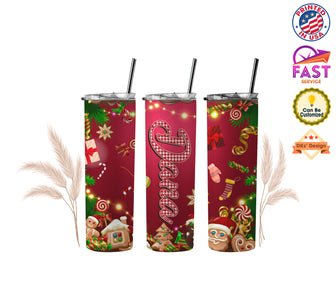 Personalized Custom Name Christmas Tumbler, Happy Santa Gingerbread Tumbler, 20 oz Stainless Steel Skinny Tumblers with Straw