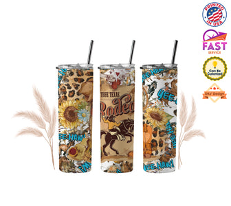 Personalized Cowboy Tumbler | Sunflower Yee Haw True Texas Rodeo Tumbler, 20 oz Stainless Steel Skinny Tumblers with Straw