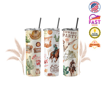 Personalized Cowboy Tumbler | Oregon Trail Cowboy Party Tumbler, 20 oz Stainless Steel Skinny Tumblers with Straw