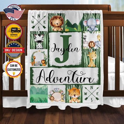 Image of Personalized Baby Blanket, Custom Animal Baby Boy Blanket, Woodland Baby Blanket, Forest Animals Boy Blanket, Jungle Baby Blanket