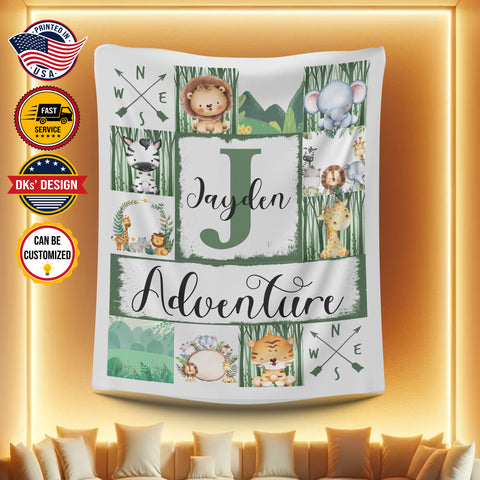 Image of Personalized Baby Blanket, Custom Animal Baby Boy Blanket, Woodland Baby Blanket, Forest Animals Boy Blanket, Jungle Baby Blanket
