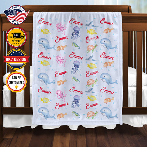 Image of Personalized Baby Blanket, Custom Sea Animals Baby Blanket, Under The Sea Blanket, Ocean Baby Blanket, The Sea Nursery Blanket