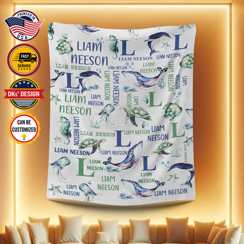 Image of Personalized Baby Blanket, Custom Sea Animals Baby Blanket, Under The Sea Blanket, Ocean Baby Boy Blanket, Baby Shower Gift