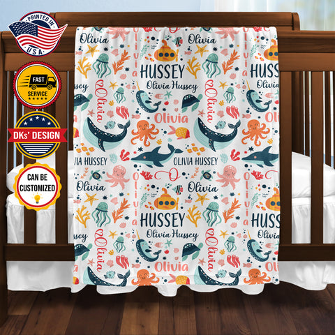 Image of Personalized Baby Girl Blanket, Custom Colorful Ocean Animals Blanket, Sea Animals Blanket, Under The Sea Blanket, Baby Shower Gift