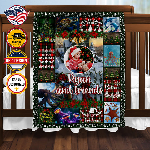 Image of Personalized Christmas Baby Blanket, Custom Ocean Animals Friend Blanket, Christmas Friends Blanket, Sea Animals Baby, Christmas Gift