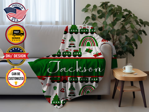 Image of Personalized Christmas Blanket, Custom Baby Blanket, Christmas Theme Blanket, Baby Christmas Rainbow Train Blanket, Christmas Gift
