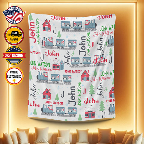 Image of Personalized Christmas Blanket, Custom Baby Christmas Trains Blanket, Christmas Santa Penguin Train Blanket, Train Baby Blanket, Christmas Gifts