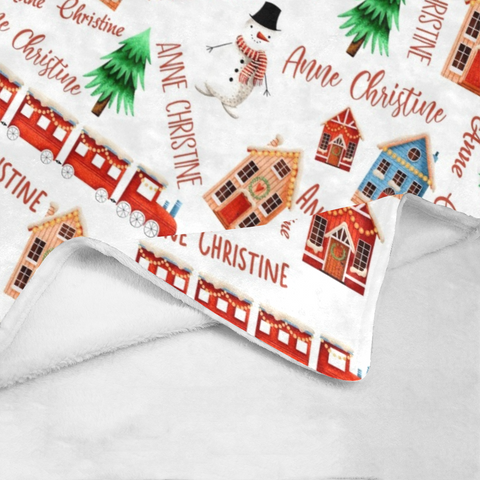 Image of Personalized Christmas Blanket, Custom Baby Christmas Theme Blanket, Christmas Train House Snowman Pine Tree Blanket, Christmas Gift