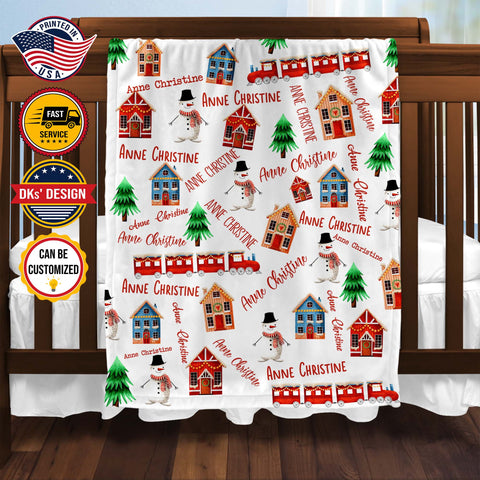 Image of Personalized Christmas Blanket, Custom Baby Christmas Theme Blanket, Christmas Train House Snowman Pine Tree Blanket, Christmas Gift