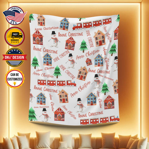 Image of Personalized Christmas Blanket, Custom Baby Christmas Theme Blanket, Christmas Train House Snowman Pine Tree Blanket, Christmas Gift