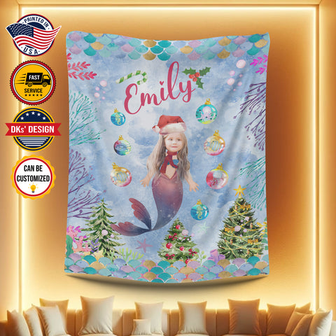 Image of Personalized Christmas Mermaid Blanket, Custom Baby Girl Christmas Blanket, Christmas Baby Blanket, Baby Mermaid Blanket, Christmas Gift