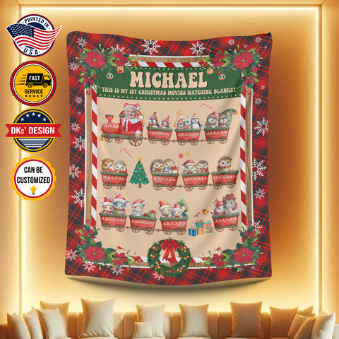Image of Personalized Christmas Blanket, Custom Baby Animals Train Christmas Blanket, Baby First Christmas Blanket, Train Animals Blanket, Christmas Gift
