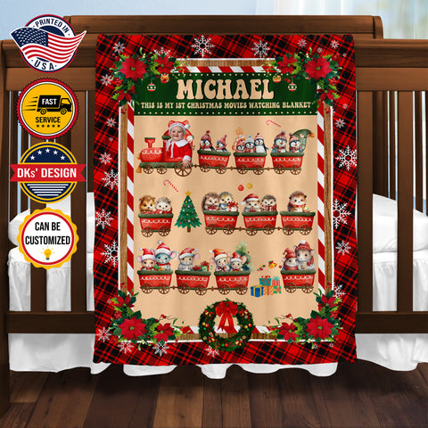 Image of Personalized Christmas Blanket, Custom Baby Animals Train Christmas Blanket, Baby First Christmas Blanket, Train Animals Blanket, Christmas Gift