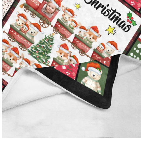 Image of Personalized Christmas Blanket, Custom Baby Animals Train Christmas Blanket, Christmas Train Animals Blanket, Train Baby Blanket, Christmas Gift