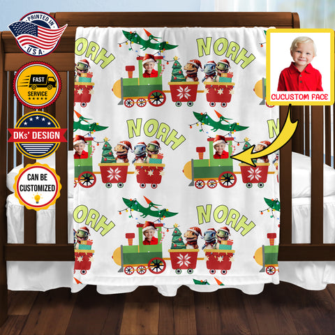 Image of Personalized Christmas Blanket, Custom Dinosaur Christmas Train Blanket, Christmas Dino Name Blanket, Christmas Baby Blanket, Christmas Gifts