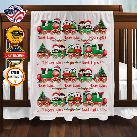 Image of Personalized Christmas Blanket, Custom Baby Penguin Train Blanket, Christmas Baby Blanket, Baby Penguin Blanket, Christmas Gift
