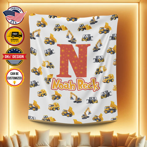 Image of Personalized Construction Vehicle Blanket, Custom Baby Work Vehicles Blanket, Boy Blanket, Tractor Kids Blanket, Construction Trucks Blanket