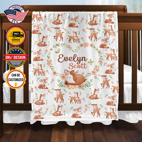 Image of Personalized Baby Blanket, Custom Baby Deer Blanket, Deer Baby Blanket, Woodland Baby Blanket, Deer Nursery Blanket, Baby Shower Gift