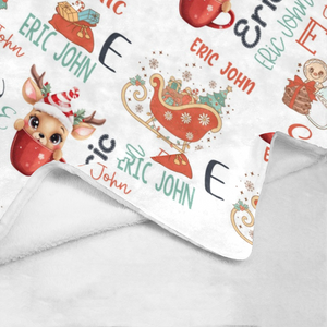Personalized Christmas Baby Name Pattern Blanket, Custom Baby Christmas Blanket, Reindeer Hot Chocolate Blanket, Baby Shower Gift, Christmas Gift