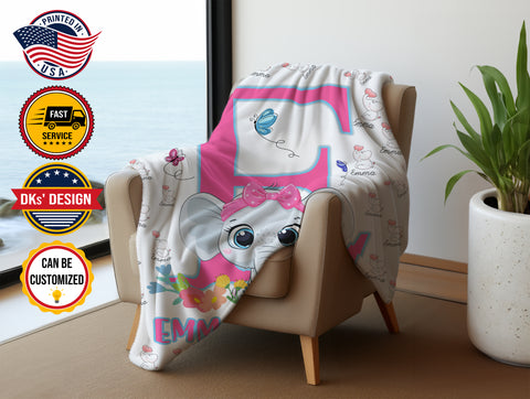 Image of Personalized Baby Blanket, Custom Baby Girl Elephant Blanket, Girl Blanket, Initial Blanket, Elephant Name Blanket, Baby Shower Gift